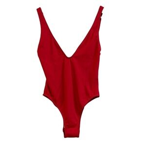 Solid and Striped Swimsuit Red One Piece Plunging Cheeky Low Back Womens Small